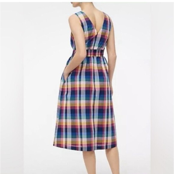 J. CREW Women 2 Mixed Madras Plaid Button-Up Picnic Midi Dress V-Neck Pockets - Picture 4 of 15